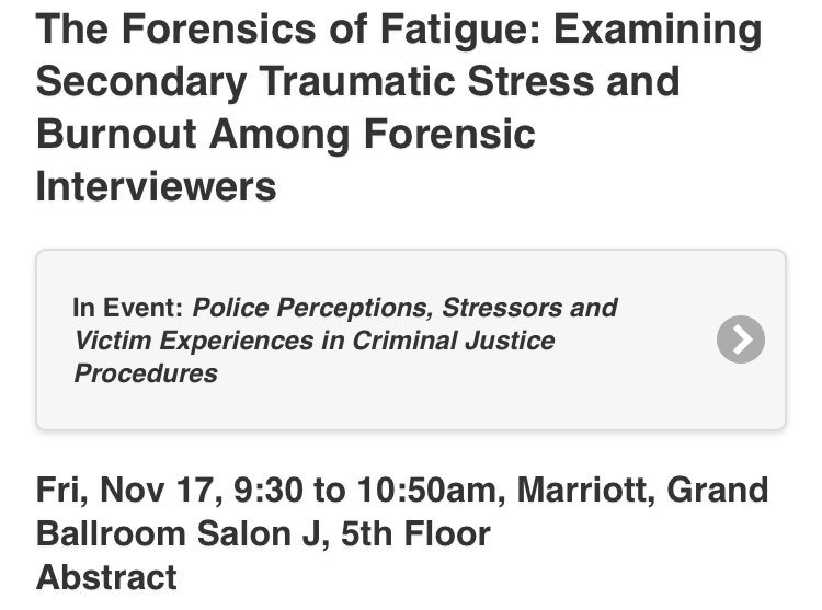 Patrickology_'s tweet photo. Does being a parent &amp; working crimes against children cases increase the risk for secondary traumatic stress &amp; burnout? Come see my presentation to find out! #ASCPhilly #ForensicInterviews https://t.co/70kfPfFzJQ