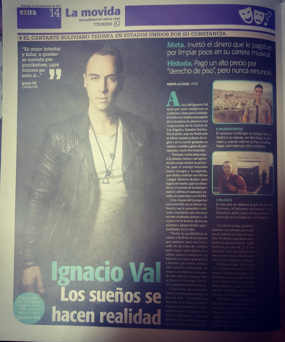 TINCHEXXX's tweet photo. Nota del diario boliviano #extra dedicada al talento de @ignacioval #boliviano que deja en alto el nombre del país en #estadosunidos #lossueñossehacenrealidad #nodejesdelatir https://t.co/hrrgS9fdrP