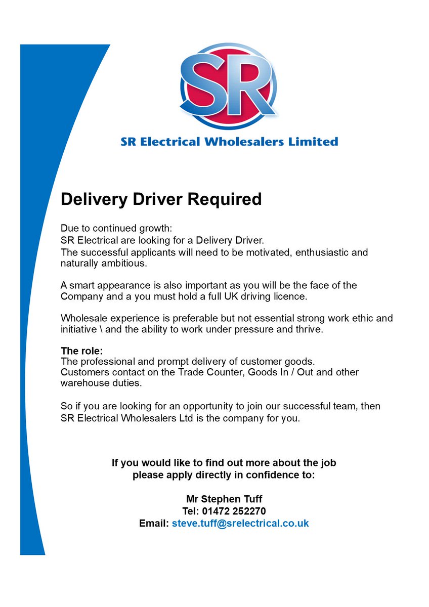 SR_Electrical_'s tweet photo. Due to continued growth, SR Electrical Wholesalers currently have a vacancy at our Grimsby Branch.
https://t.co/TSU8N9eegE https://t.co/2AcNyCm90Z