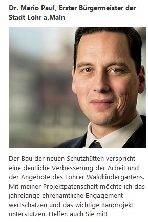 Ein guter Tag für den Lohrer Waldkindergarten: 57 Fans und Unterstützung des Lohrer ersten Bürgermeisters - Danke Herr Bürgermeister Dr. Paul! #Schutzhütte #WaKiGa
raiba-msp.viele-schaffen-mehr.de/schutzhuette