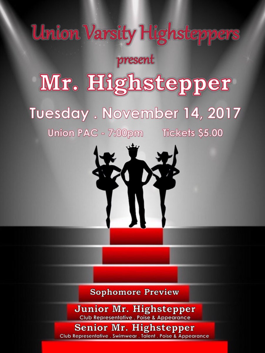 UVHighsteppers's tweet photo. Tonightโs the big night! Come out & see who wins Poise & Appearance, Swimsuit, Talent & Club Rep titles & who is crowned #MrHighstepper! ๐ฏโโ๏ธโค๏ธ๐๐ป๐ #UVH18 https://t.co/msXnmt3ml4