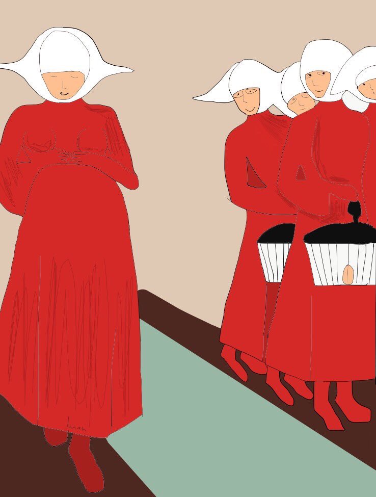 RepubOfGilead's tweet photo. Handmaids are so respectful! Look at them making way for this pregnant handmaid &amp; commenting on her grace https://t.co/fzkxYyi2IG