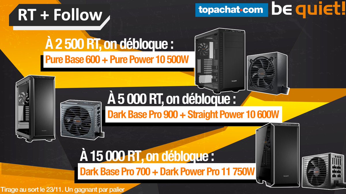 🎁 #Concours 🎁

💥 Jusqu'à 3 lots boitier + alimentation <a href="/bequietofficial/">be quiet!</a> à gagner !
 
Pour participer :
👉 #RT
👉 Follow <a href="/TopAchat/">TopAchat</a>