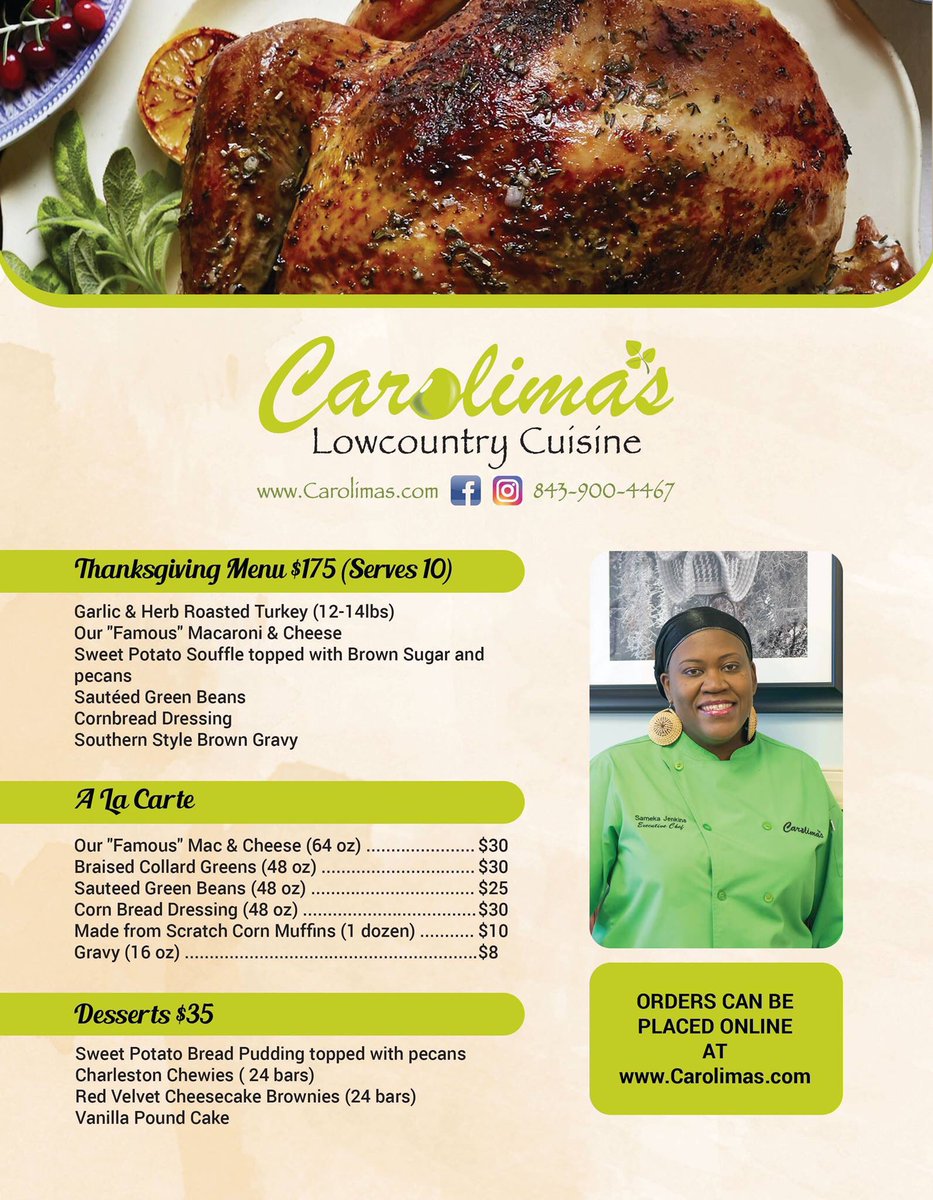 CarolimaSC's tweet photo. Now accepting Thanksgiving Dinner orders! #chseats #gullah #lowcountry #thanksgiving https://t.co/ZgK5h5RfYX