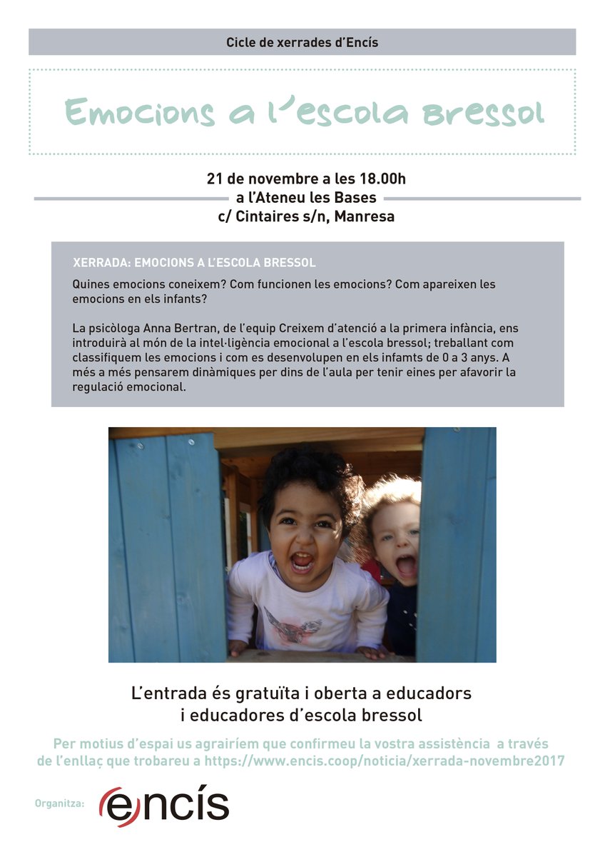 <a href="/itasanchez99/">Ita Sánchez</a> <a href="/UManresa/">UManresa</a> <a href="/DiariEducacio/">Diari de l'Educació</a> Quines emocions coneixem? Com funcionen les emocions? Com apareixen les emocions en els infants? La psicòloga Anna Bertran, de l’equip Creixem d’atenció a la primera infància, ens introduirà al món de la intel·ligència emocional a l’escola bressol #somcoop
