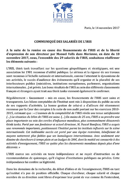 InstitutIRIS's tweet photo. 📌COMMUNIQUÉ 📌
A la suite de la remise en cause des financements de l'@InstitutIRIS et de la liberté d’expression de son directeur par @manuelvalls dans @MarianneleMag, le 10 nov. 2017, nous, l'ensemble des 29 salariés de l’IRIS, souhaitons réaffirmer les éléments suivants ⬇️ https://t.co/taxpUp998L