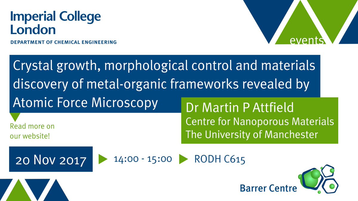 BarrerCentre's tweet photo. Work with MOFs? Join us on 20th Nov for our upcoming @BarrerCentre seminar at @ImperialChemEng! All details below 👇

Topic: Crystal growth and morphological control in MOFs through AFM 

Speaker: Dr Martin Attfield of @UoMSciEng https://t.co/4pmugaxCgO