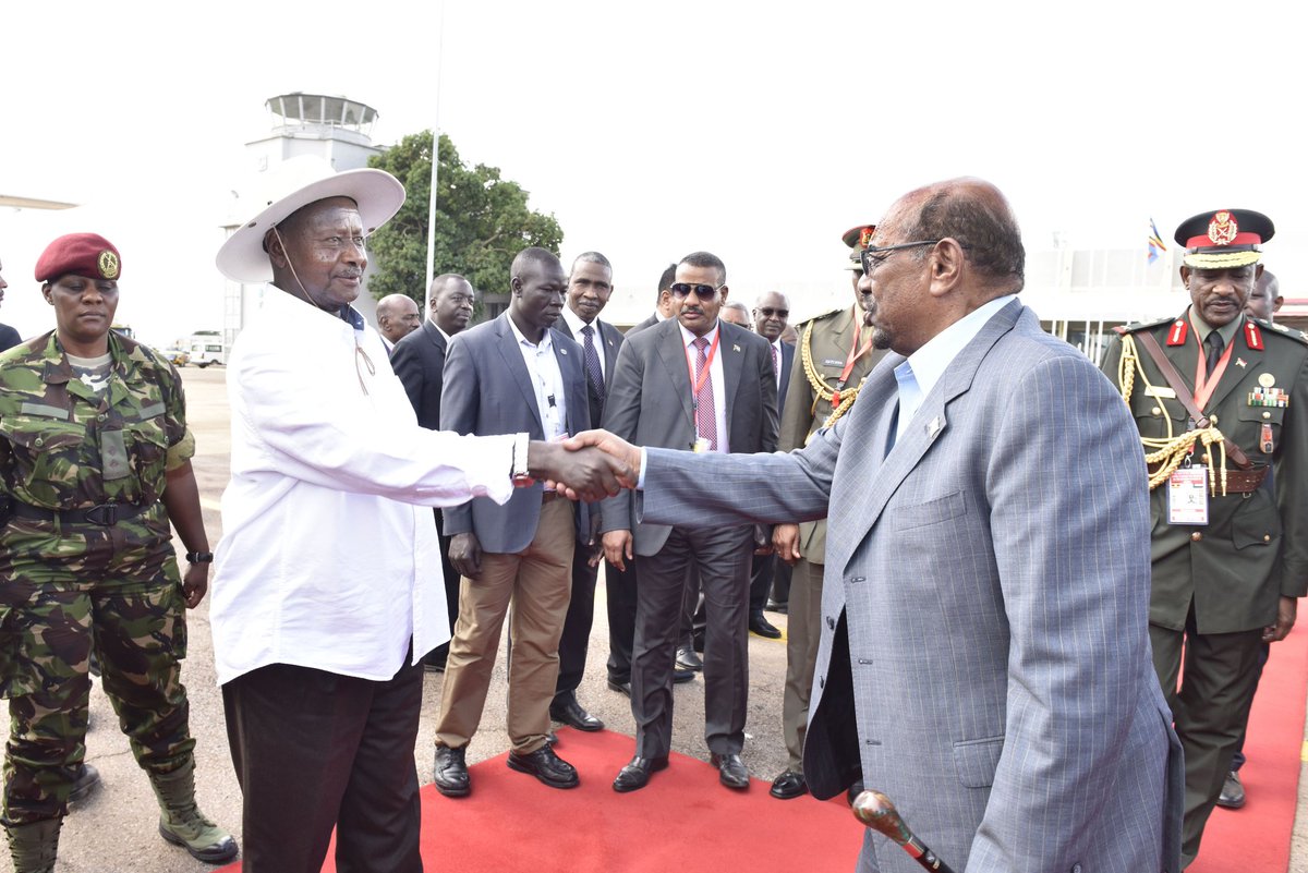 KagutaMuseveni's tweet photo. I have seen off His Excellency Field Marshall Omar El-Bashir at Entebbe Airport upon conclusion of his two-day official visit to Uganda. I thank him for honouring my invitation. https://t.co/wggTwli45e