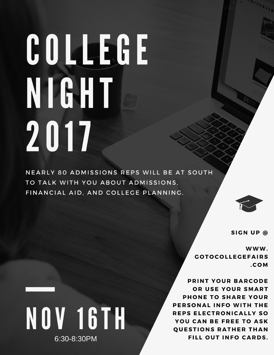 SC_Counselors's tweet photo. Please join over 80 college admissions reps here at South Campus Thursday night for our annual college night. Register at https://t.co/QnyyRQykWZ so that you can share your contact information electronically with the reps so you can have you questions answered quickly! https://t.co/fqCoYVJgjA