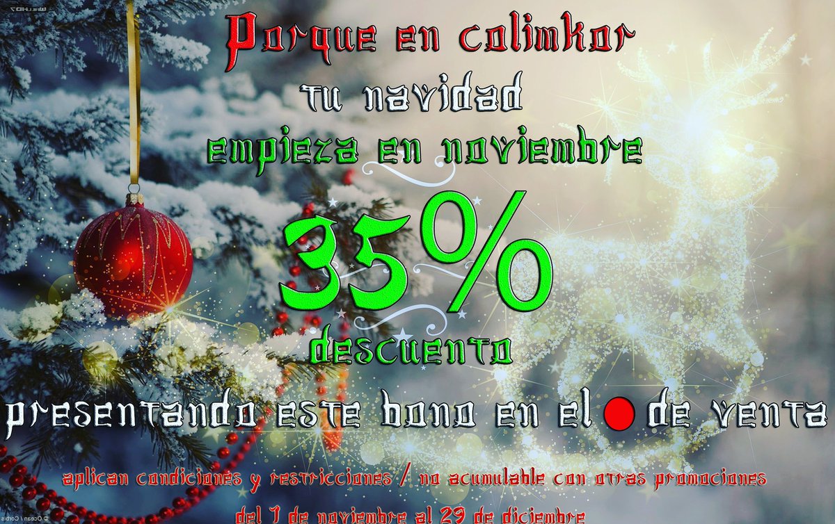 colimkor's tweet photo. Porque en colimkor...tu navidad empieza en noviembre! 

Aplican condiciones y restricciones.

Url:
https://t.co/XEzmyxrzjC

https://t.co/i2ZGHz9Mv2
Calle 167 a No. 47 - 19.  LOCAL 17
WhatsApp: 316 838 35 05
Tel fijo: 476 95 57 - 678 71 85 https://t.co/yuf5oIdvCP