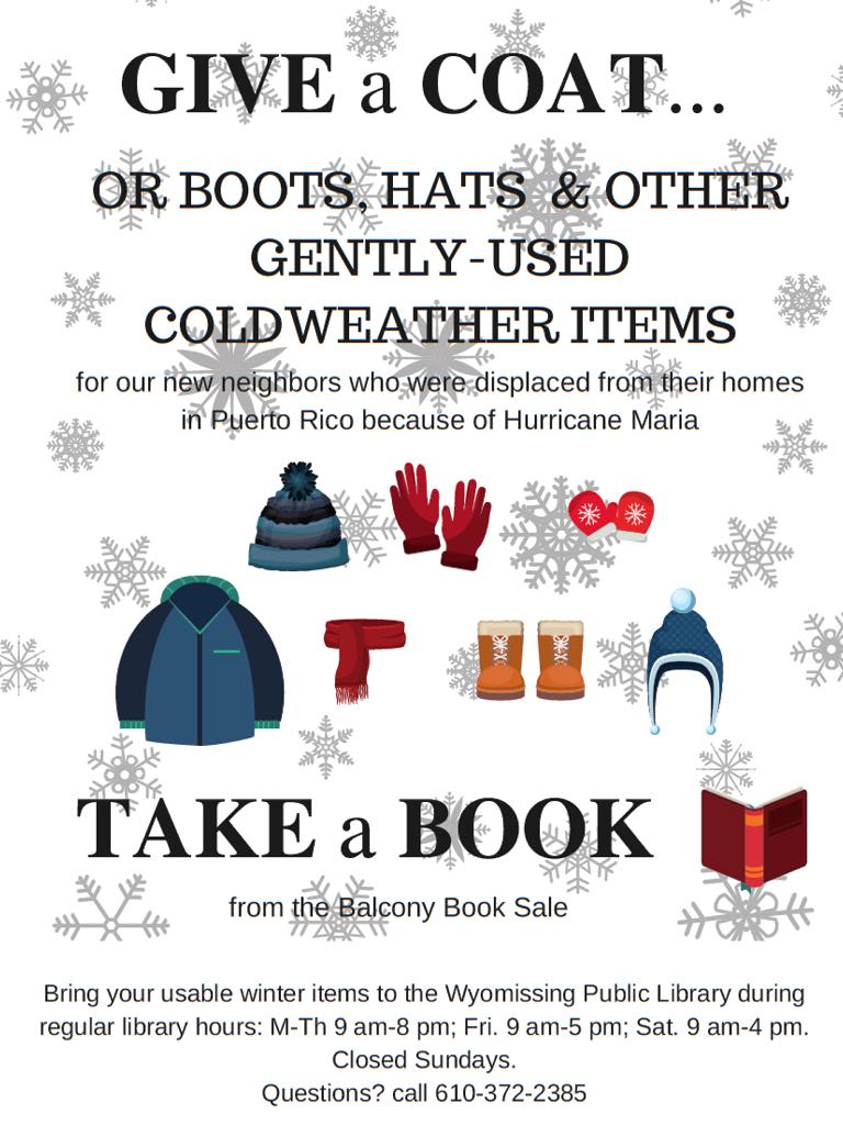 wyopublib's tweet image. Our library is doing our part to help those affected by Hurricane Maria
#berkscounty #clothingdrive #HurricaneMaria  #communityhelpers #giveacoattakeabook