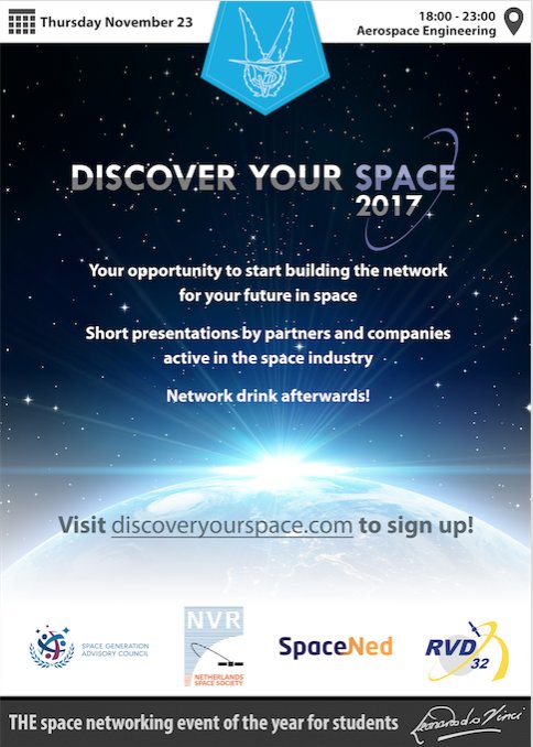 Student or young professional and interested in space? Discover your space on 23-11 <a href="/AETUDelft/">TU Delft | Aerospace Engineering</a>: bit.ly/2fIIBsW
Lawyers, designers, developers, and other non-engineers, you are very welcome too!
