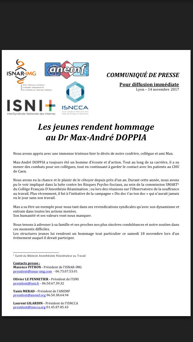 Communiqué commun: Les jeunes rendent hommage au Dr Max-André DOPPIA cc <a href="/ISNItwit/">ISNI - InterSyndicale Nationale des Internes</a>  <a href="/ANEMF/">ANEMF</a> @ISNCCA