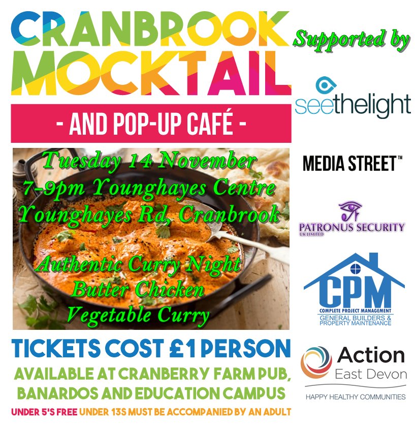 Tonight's #Cranbrookdevon Mocktail and pop-up café night is authentic curry night. Thank you to our sponsors  for your continued support for these evenings. 7-9pm Younghayes centre, Younghayes road.