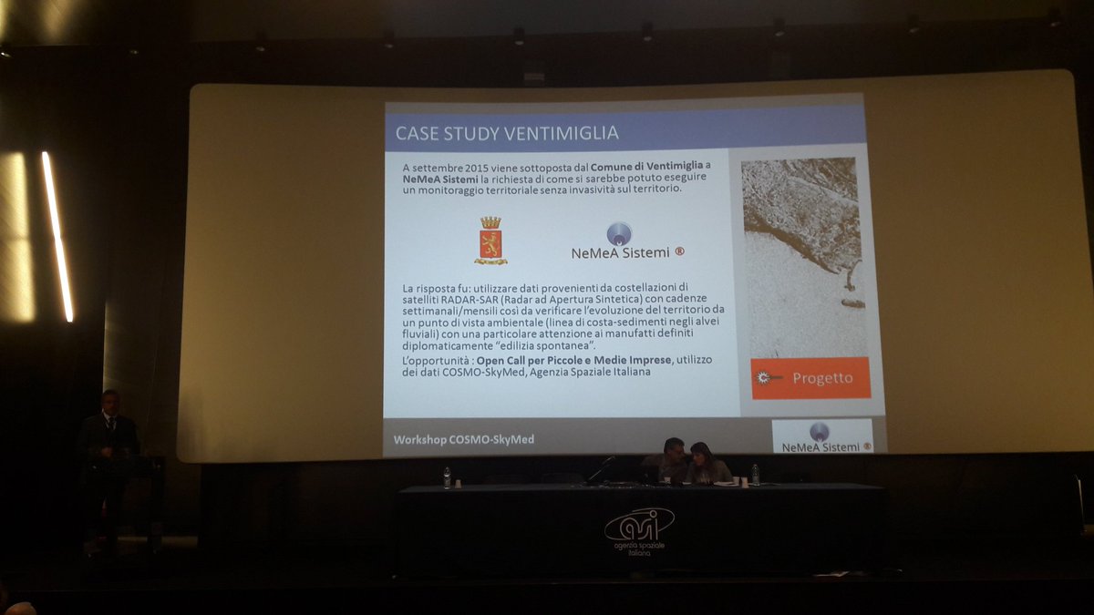 NeMeaSistemi's tweet photo. Grazie ad @ASI_spazio per averci dato la possibilità di illustrare il nostro progetto a #Ventimiglia nel convegno: La missione #CosmoSkyMed . Grande evento, platea illustre.
#RadarSAR #SmartCity #remotesensing #CSK #geospatial #GIS #spaceeconomy #Space https://t.co/qMmYovpu5b