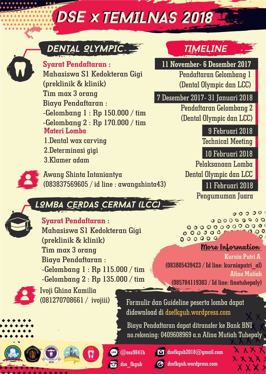 Hai mahasiswa Kedokteran Gigi di seluruh Indonesia!
FKG UB proudly present DSE 9th X Temilnas 2018 dengan tema “Maximum Aesthetic Dentistry and Comprehensive Health”
Yuk, jangan sampai ketinggalan untuk ikut dalam ajang bergengsi ini! 
Ayo tunjukkan kreativitasmu!