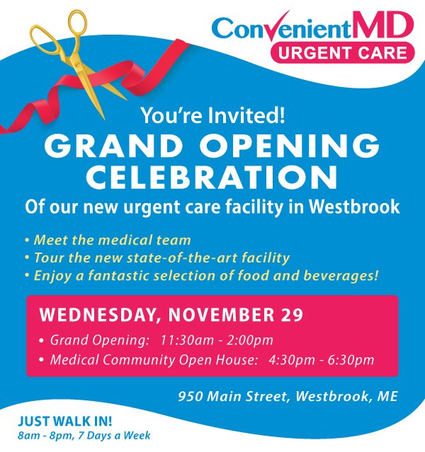 ConvenientMD's tweet photo. Join us for our #grandopening celebration of our newest urgent care center in #Westbrook #Maine on Wednesday, November 29th at 11:30am! #convenientmd #urgentcare https://t.co/xaoGrh0ZzE