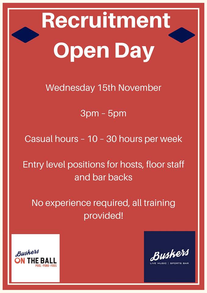 Recruitment day tomorrow in Temple Bar Hotel for jobs in Buskers Bar and Buskers On The Ball! #JobsFairy #dublinjobs