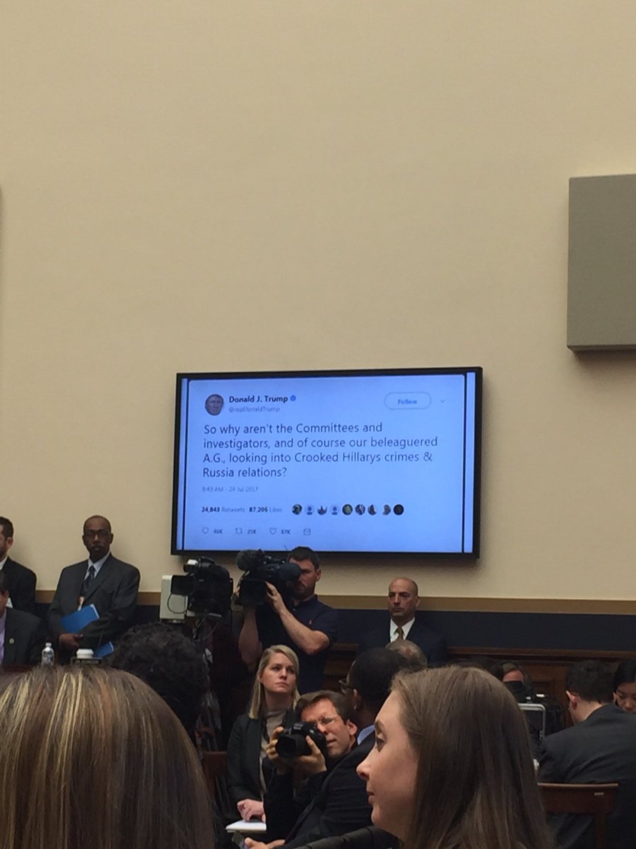 acslaw's tweet photo. .@RepJohnConyers asks re: Trump tweets: In a functioning democracy, is it common for the leader of the country to order the criminal justice system to retaliate against opponents? #QuestionSessions
(Pres tweets presented by Conyers) https://t.co/h1QeZYMRPJ