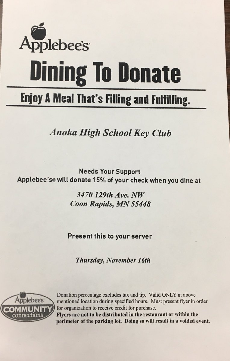 AnokaKeyClub's tweet photo. Come Support Anoka Key Club this Thursday at Applebee’s, Show this flyer and 15% of your bill will go to us! Hope to see you there! https://t.co/GRGS5sH29d