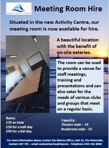 SeahamMarina's tweet photo. New meeting room to hire.  Ring 0191 5818998 for a booking form. #RoomToLet https://t.co/EPkgHcgXLa