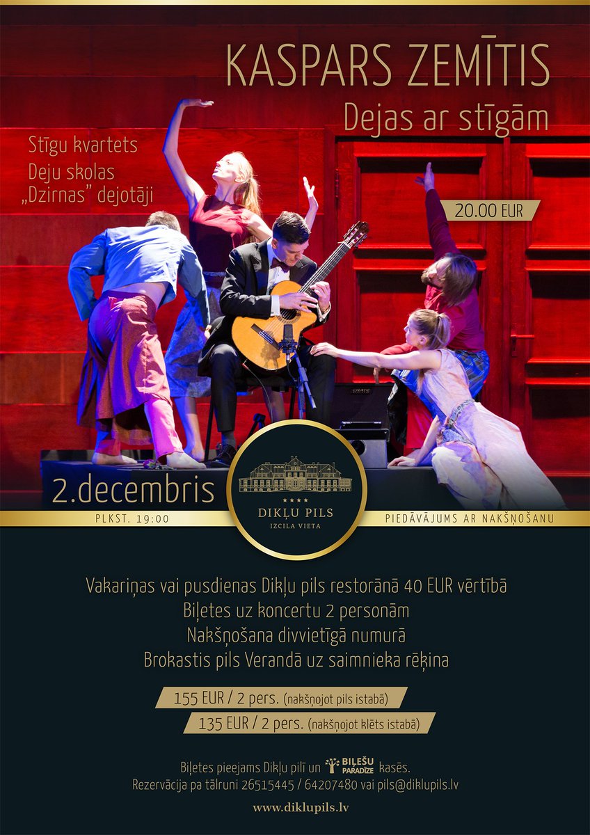diklupils's tweet photo. 2.decembrī plkst. 19:00 Dikļu pilī Kaspars Zemītis un dejo skolas Dzirnas dejotāji koncertā "Dejas ar stīgām".
@kasparszemitis un @StudijaDzirnas https://t.co/35mRrl63PX