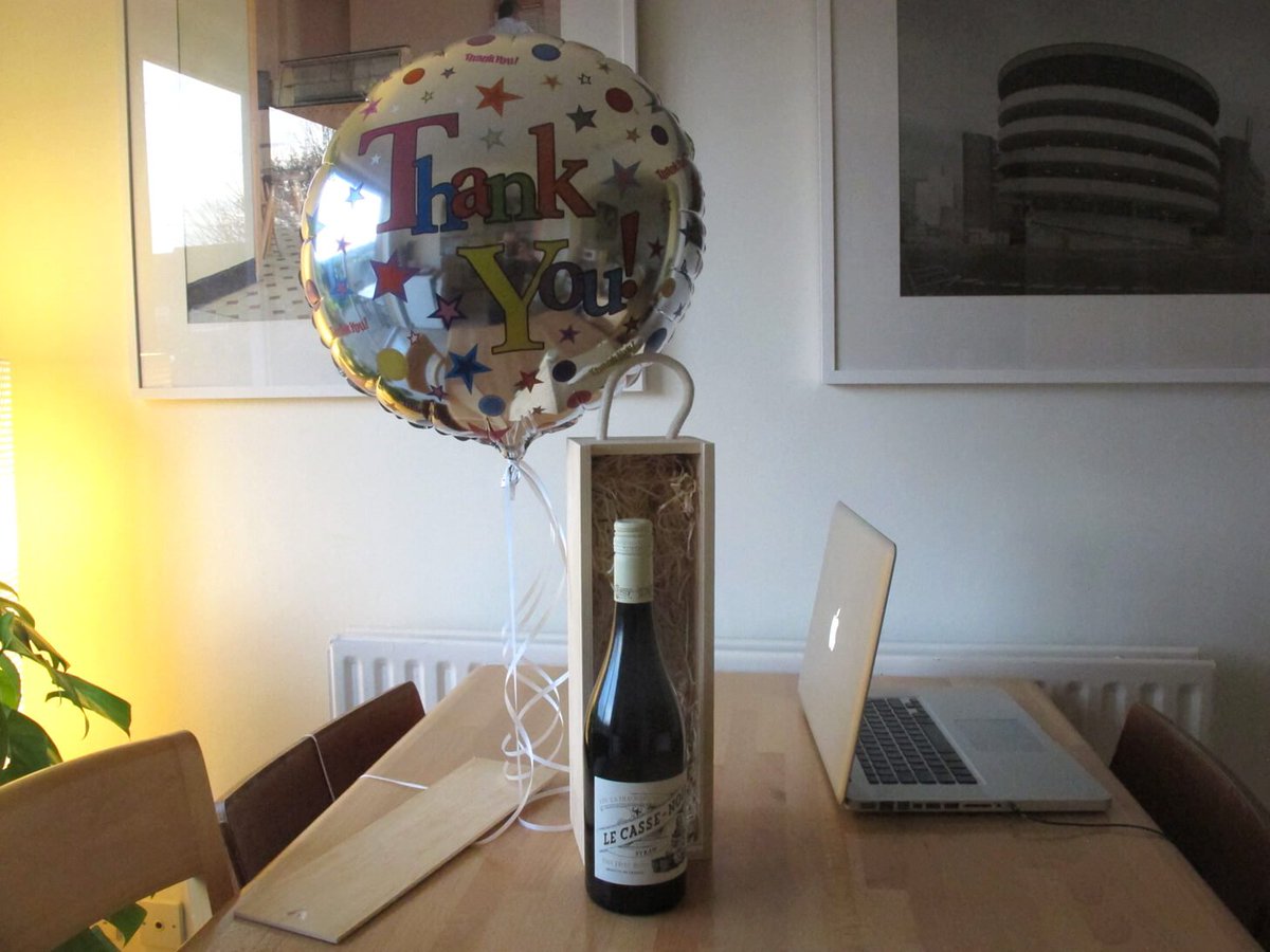 bright_spark's tweet photo. Photo of a gift just received from a happy client! It’s the wine and the balloon, not the Mac. They aren’t that happy. Thanks very much @koopdesign. Much appreciated! https://t.co/HRvNWJaBYe