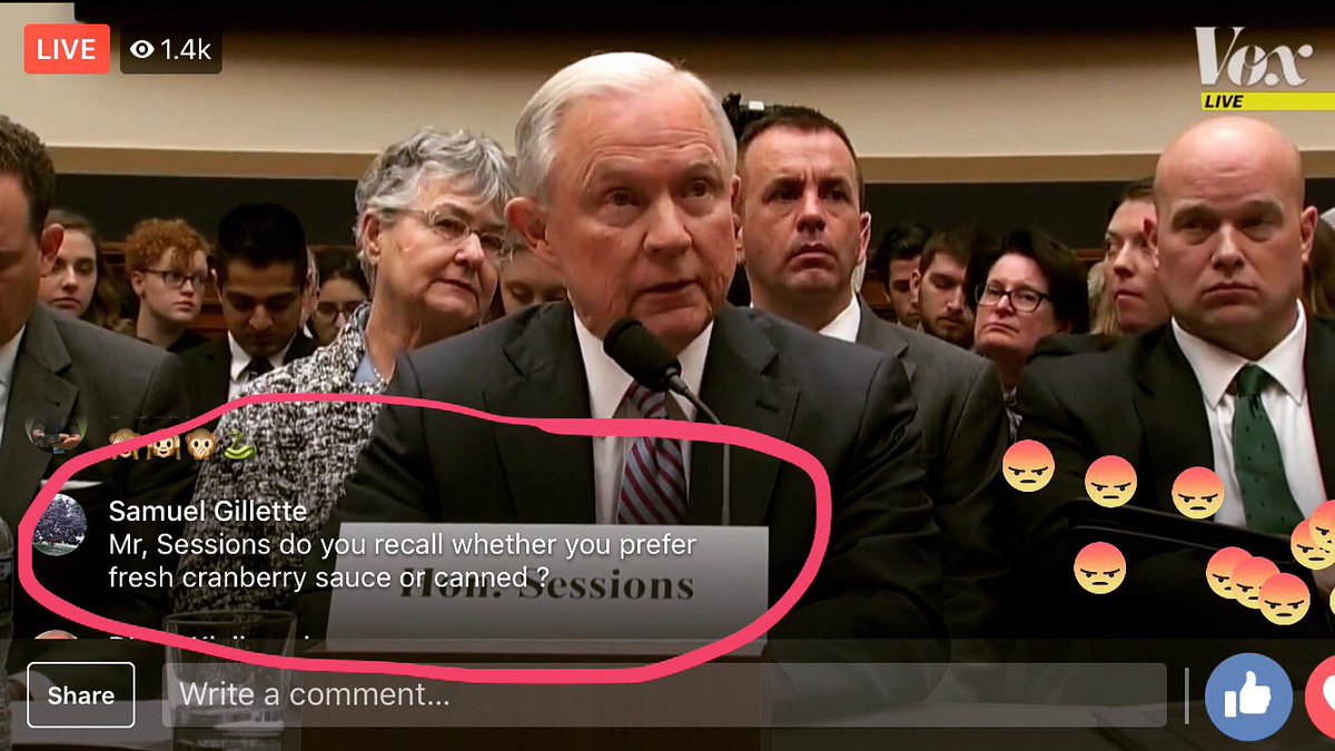 kharvey682's tweet photo. "Mr. Sessions, do you recall whether you like fresh cranberry sauce or canned?" - Samuel Gillette  #idontrecallanythingever #SessionsHearing https://t.co/jsU46bMe3G
