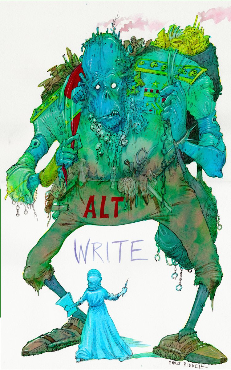 altwriteproject's tweet photo. Amazing new #original #artwork by award-winning illustrator and former Children's Laureate @chrisriddell50 for the cover of the Alt-Write collection. Fighting the demon of the right with the power of the pen. Share our story &amp; support our collection. https://t.co/Ov1kJxR9Ha https://t.co/2wab6pRhYc