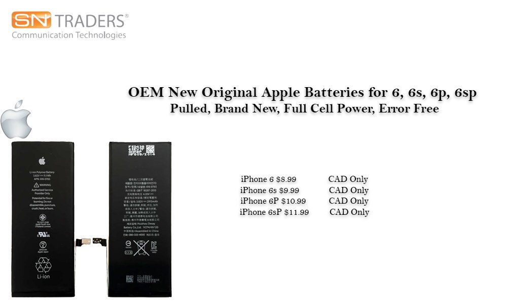 sntraders's tweet photo. #apple #original #batteries for #iPhone6 #6s #6p #6sp starting from $8.99 CAD only. https://t.co/oZX1Bb0Pts#Rogers #pulled #apple8 #apple8plus https://t.co/qTBihRGnl1