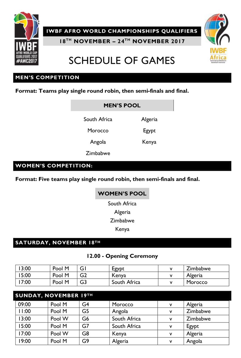 _IWBF's tweet photo. NEWS | Schedule confirmed for IWBF Africa World Championship Qualifiers 2017 #AWQ2017. 🇿🇦🇲🇦🇩🇿🇪🇬🇦🇴🇰🇪🇿🇼 🔗 https://t.co/6GK6fv2d6i

Thirty-six games will be played across seven days at the Tongaat Indoor Sports Centre, City of Ethekwini, KwaZulu-Natal. 📆🏀 https://t.co/ZJDxsgEjqm