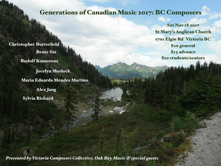 OakBayMusic's tweet photo. This Saturday! Oak Bay Music invites you to experience the "Generations of Canadian Music: BC Composers" concert with new music by Maria Eduarda Martins, Sylvia Rickard, Jocelyn Morlock, Cj Butterfield Butterfield, Alex Jang, Rudolf Komorous and Remy Siu #oakbay #music #yyj https://t.co/sYxeX0zddh