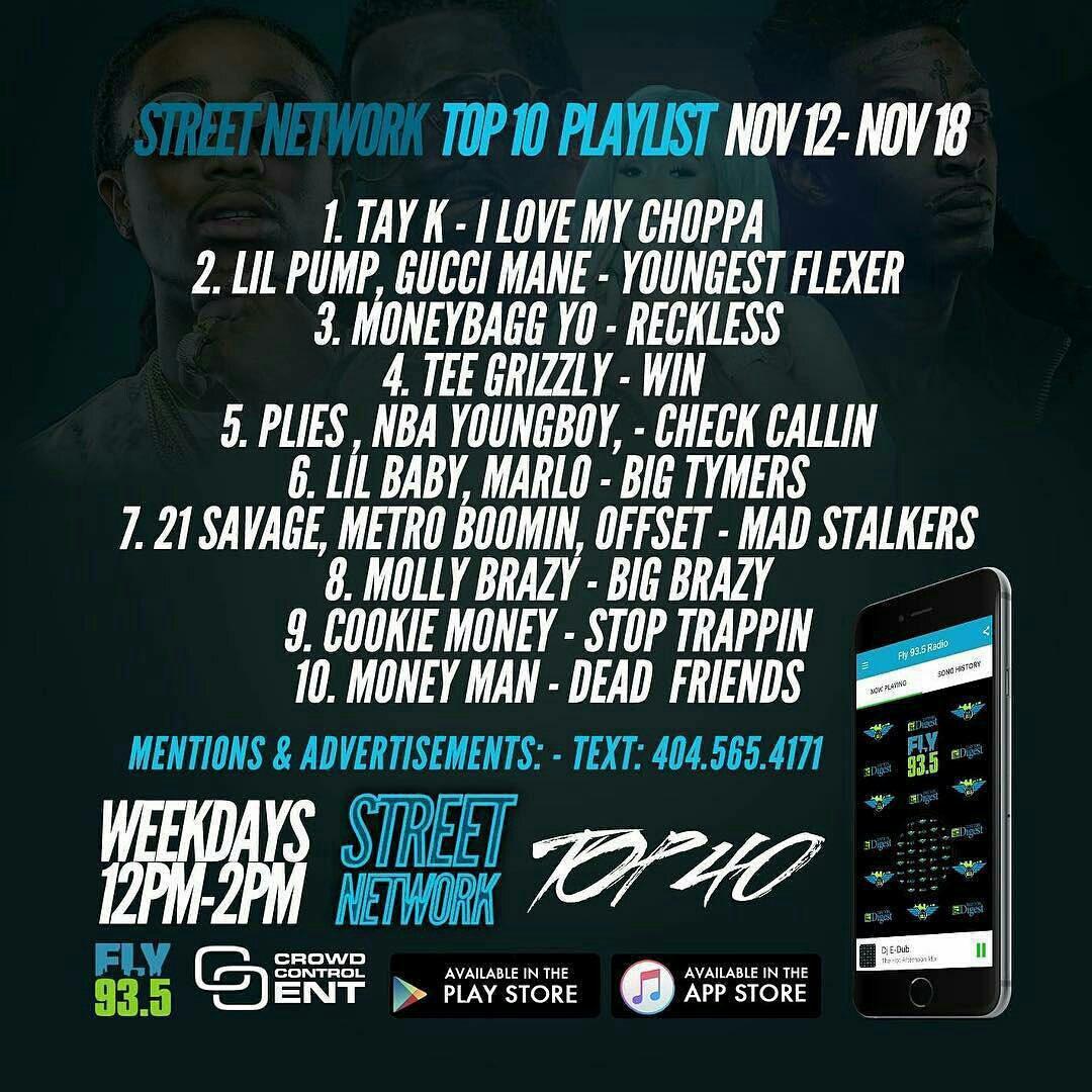 ReekRose211's tweet photo. Street Network Top 10 11/12 - 11/18 1. @djedubmixtapes #streetnetwork #atlanta #international #worldwideradio #fly935radio #djs #webreakrecords #newmusic #hiphop Street Network Top 12p - 2p Mon-Fri #tunein #downloadtheapp #CCE2018 https://t.co/XnGQgB358k