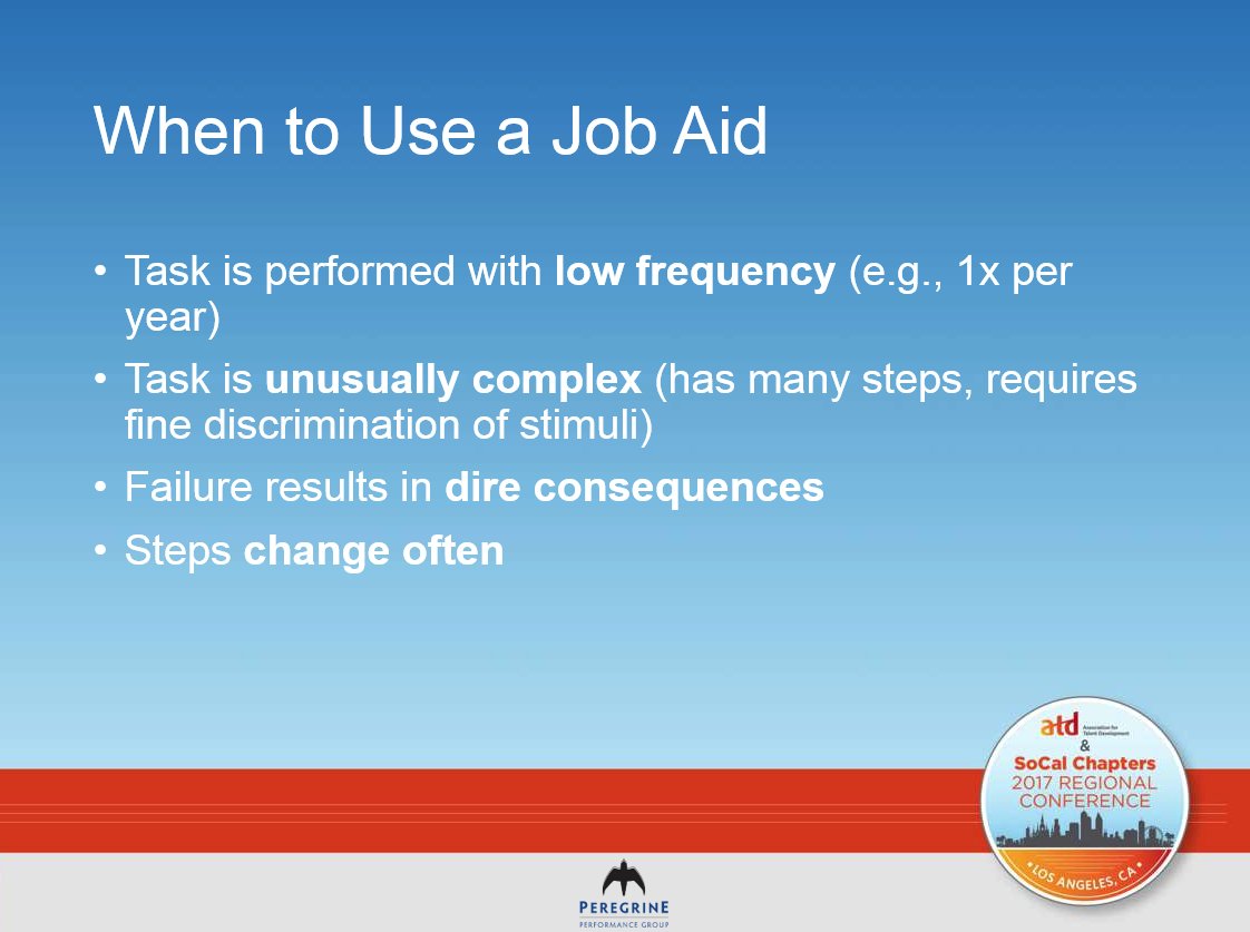 RussPowell's tweet photo. Consider using a #jobaid when a task (1) is performed w/ low frequency, (2) is unusually complex, (3) failure may result in dire consequences, and/or (4) steps change often. See https://t.co/XvJdL9vyi1 for slide deck, resources. @PeregrinePer4mc #damngoodjobaids #ATDSoCal2017 https://t.co/EqYDrtB76W
