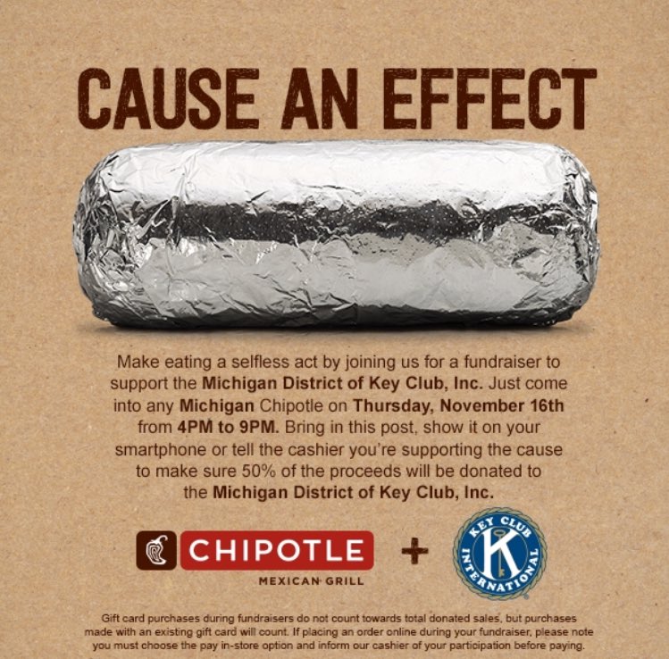 MichiganKeyClub's tweet image. District Wide Fundraiser this Thursday! Stop by your nearest Chipotle. If you show this flyer between 4-9PM, we will receive 50% of the profits.