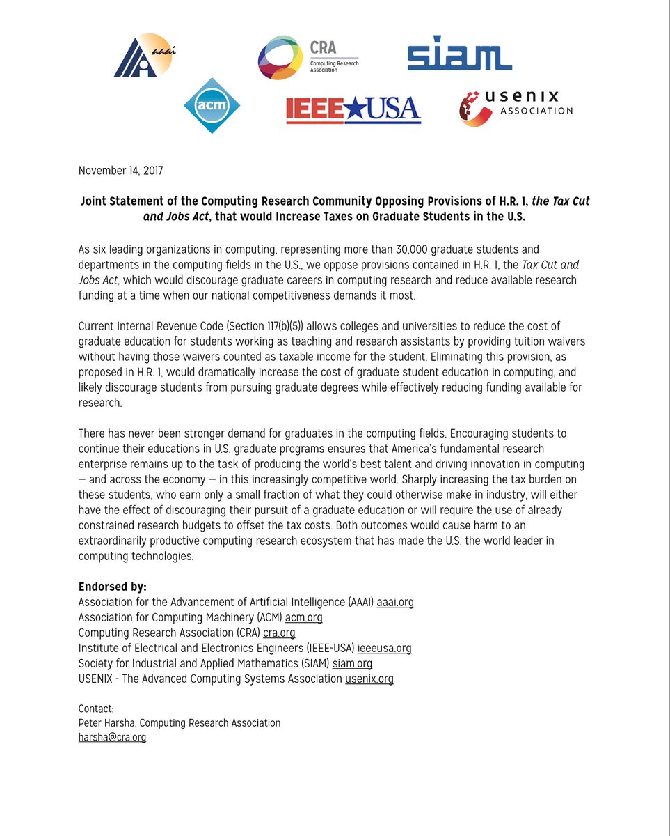RealAAAI's tweet photo. AAAI is a signatory to the  joint statement of the Computing Research Community opposing House plans to increase taxes on graduate students in the US (coordinated by @CRAtweets ) https://t.co/abilbUlxJx