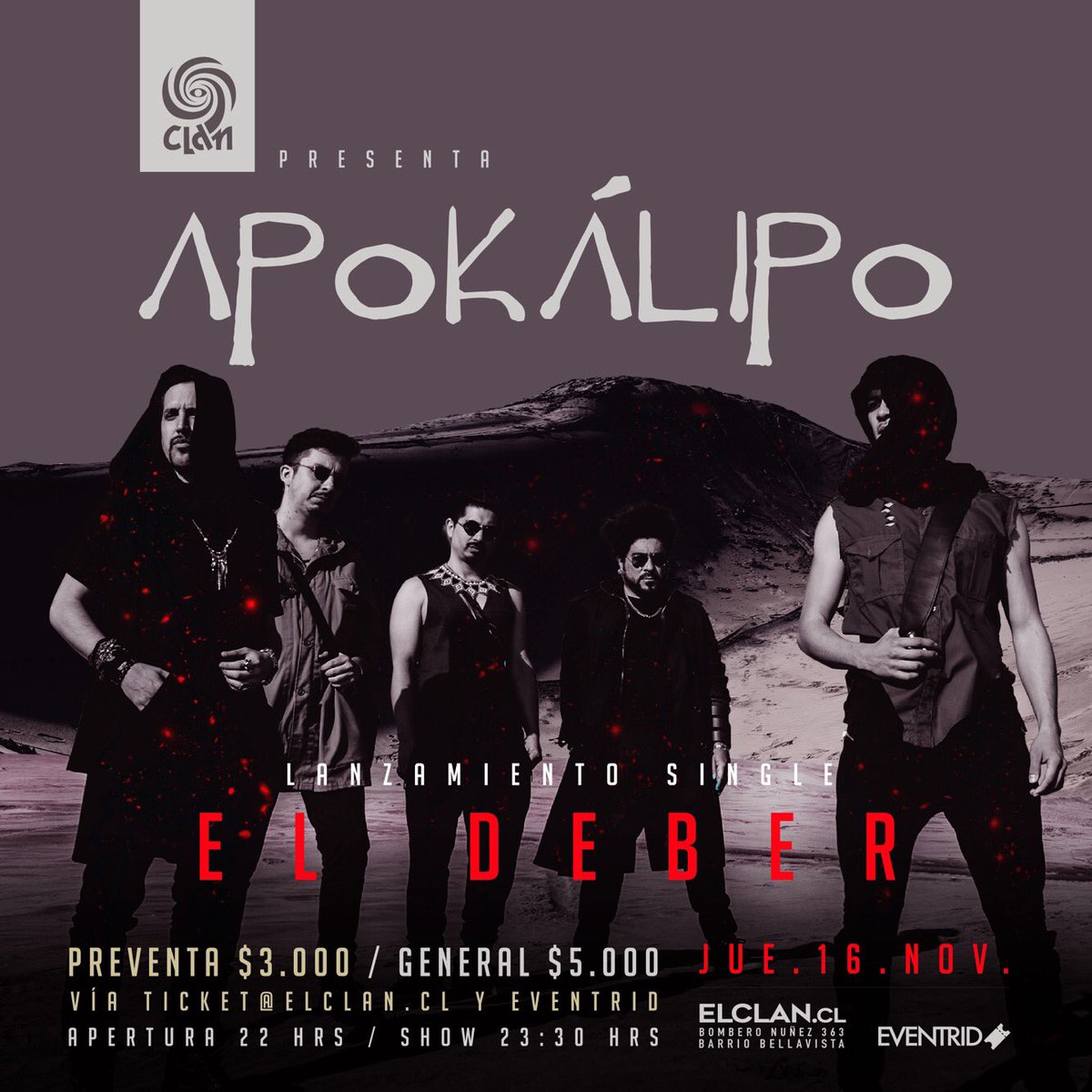 apokalipoficial's tweet photo. Este Jueves 16 Lanzamiento EL DEBER @BarElClan @fermujicam @jurgensenr @Ifranzani @paniko @CNNChile @rockaxiscontodo @thecliniccl @Radioca @radiolaclave @radiousach @radiozero977 @radiopolisfm @rockandpop https://t.co/2275geScrq