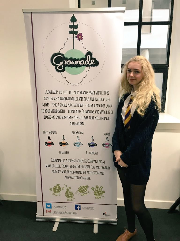MarrBusiness's tweet photo. Our Young Enterprise group - Grownade. Their beautifully designed banner stand has been delivered and the product is ready to go! Eco-friendly and biodegradable, just throw it and watch the flowers bloom. 1 for £3.50 or 3 for £10! #socialenterprise @GrownadeYES @MarrColOfficial https://t.co/LZdAUiXzkz