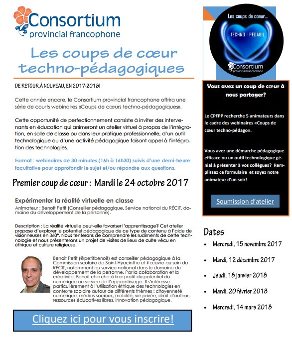 Nous sommes à la recherche d’animateurs dans le cadre de 5 webinaires “coups de coeur” dans lesquels vous pouvez exposer une démarche pédagogique efficace ou encore présenter un outil techno. génial que vous utilisez en salle de classe.  Pour plus d’info : goo.gl/8Yrqin