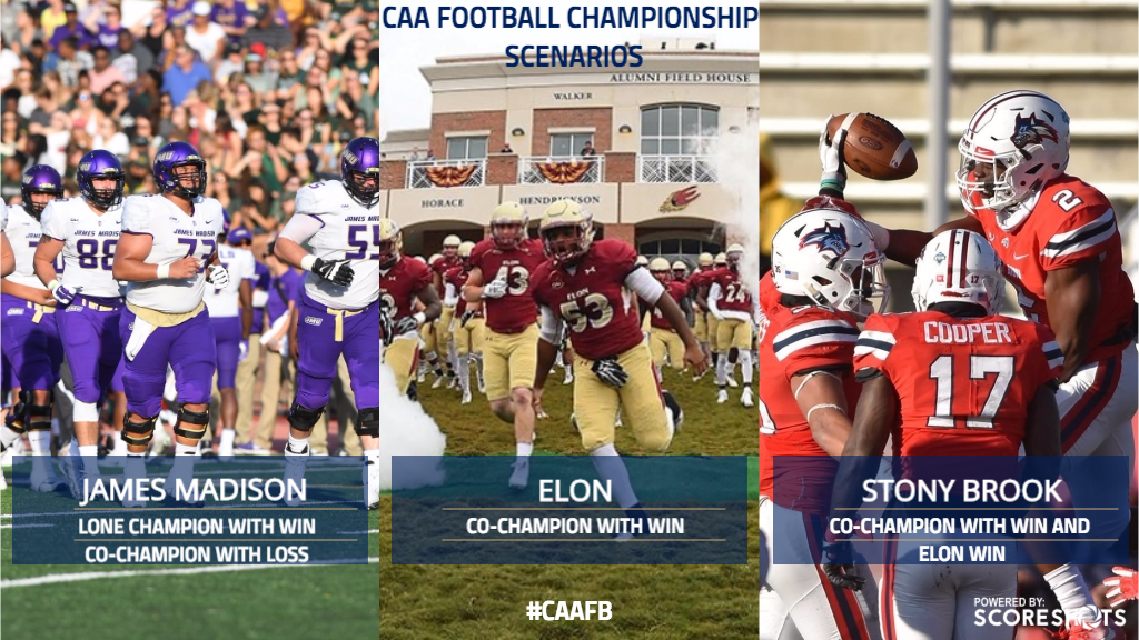 CAAFootball's tweet photo. The #CAAFB 🏆 is on the line this weekend!

Here's a look at the #CAAChamps scenarios for @JMUFootball @ElonFB and @StonyBrookFB https://t.co/pkwffTLAag