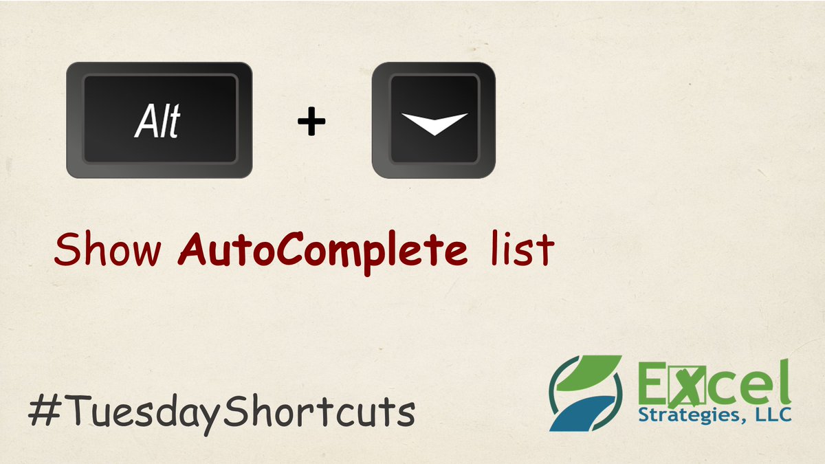 ExcelStrategies's tweet photo. ALT + DownArrow - Show @MSExcel's auto-complete list.
#TuesdayShortcuts #MSExcel #Excel #ExcelShortcuts #Shortcuts #MicrosoftExcel #SpreadsheetSecrets #ExcelTips #ExcelTricks #Tips #Tricks #Microsoft #HowTos https://t.co/XwE67zzn6u