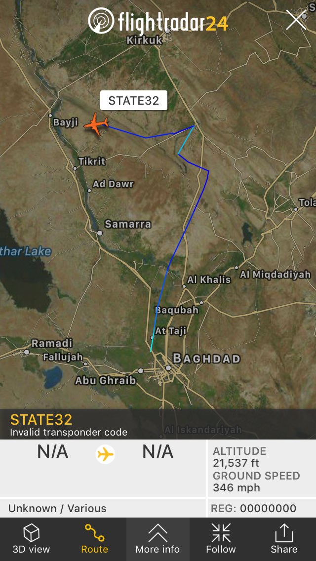 Trexcent's tweet photo. Over Iraq #STATE32 FL242 apparently with a vertical speed for 15000 fpm, no idea what it may be #potn https://t.co/wPqucXy287