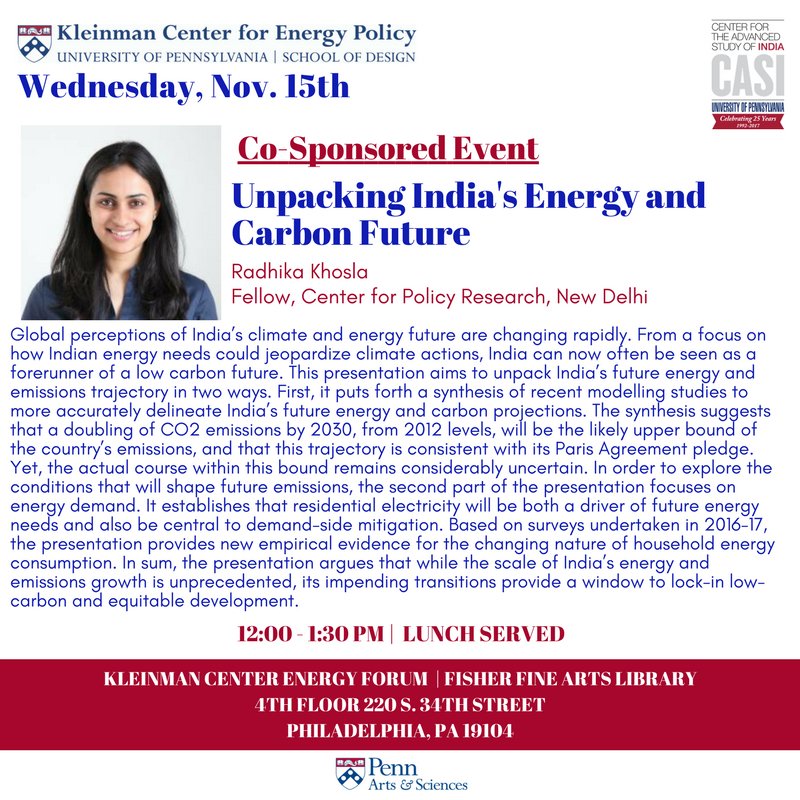 Join us and @KleinmanEnergy tomorrow for a lunchtime seminar with Radhika Khosla, a fellow at the @CPR_India #carbon #carbonfuture #energy #policy #India #Indiaenergy
