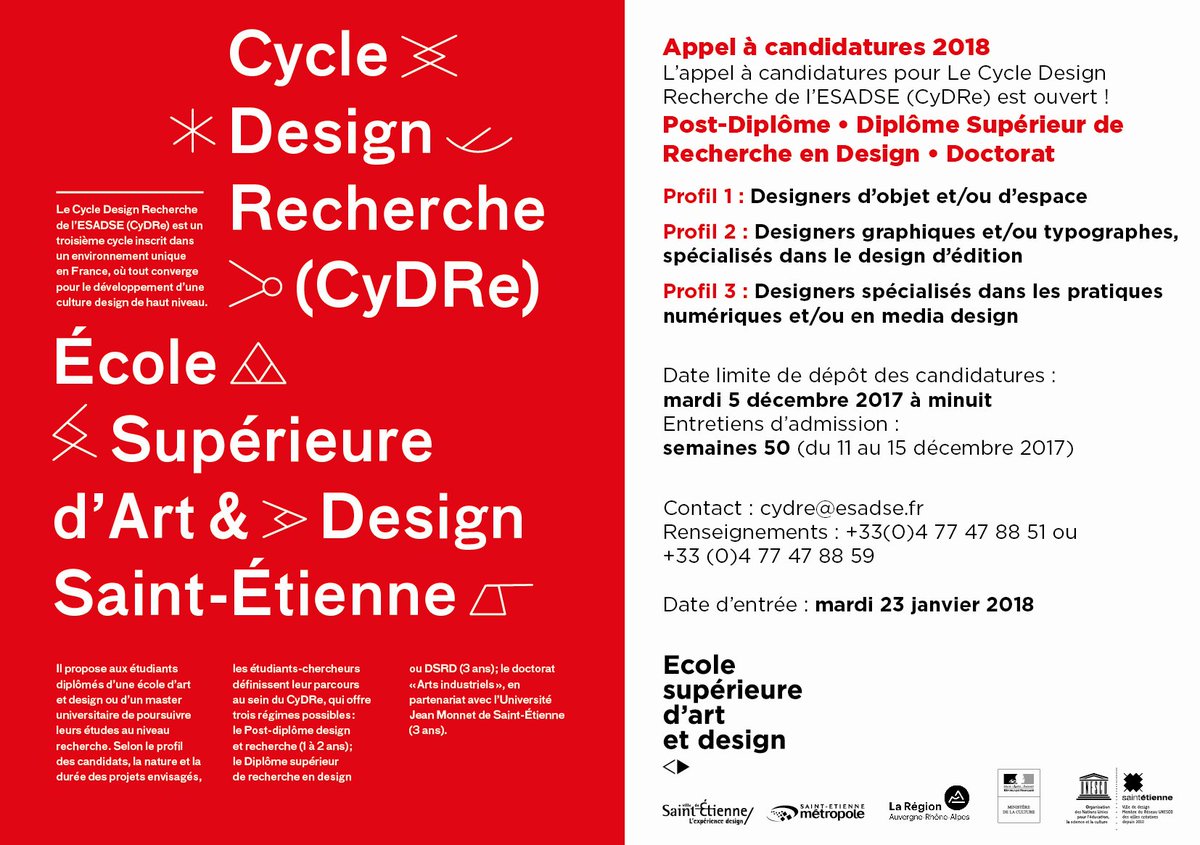 Appel à candidatures pour Le Cycle Design Recherche
de l'ESAD Saint-Étienne (CyDRe) est ouvert !
Pour plus d'infos c'est ici : esadse.fr/fr/actualites/…