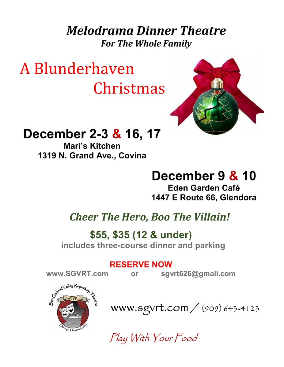 SGVRepertory's tweet photo. "A Blunderhaven #Christmas" #melodrama. It will be a bumbling #goodtime! Get tickets #now https://t.co/0rBT2Ass8r #playwithyourfood #LAthtr https://t.co/NRoEMILp5J
