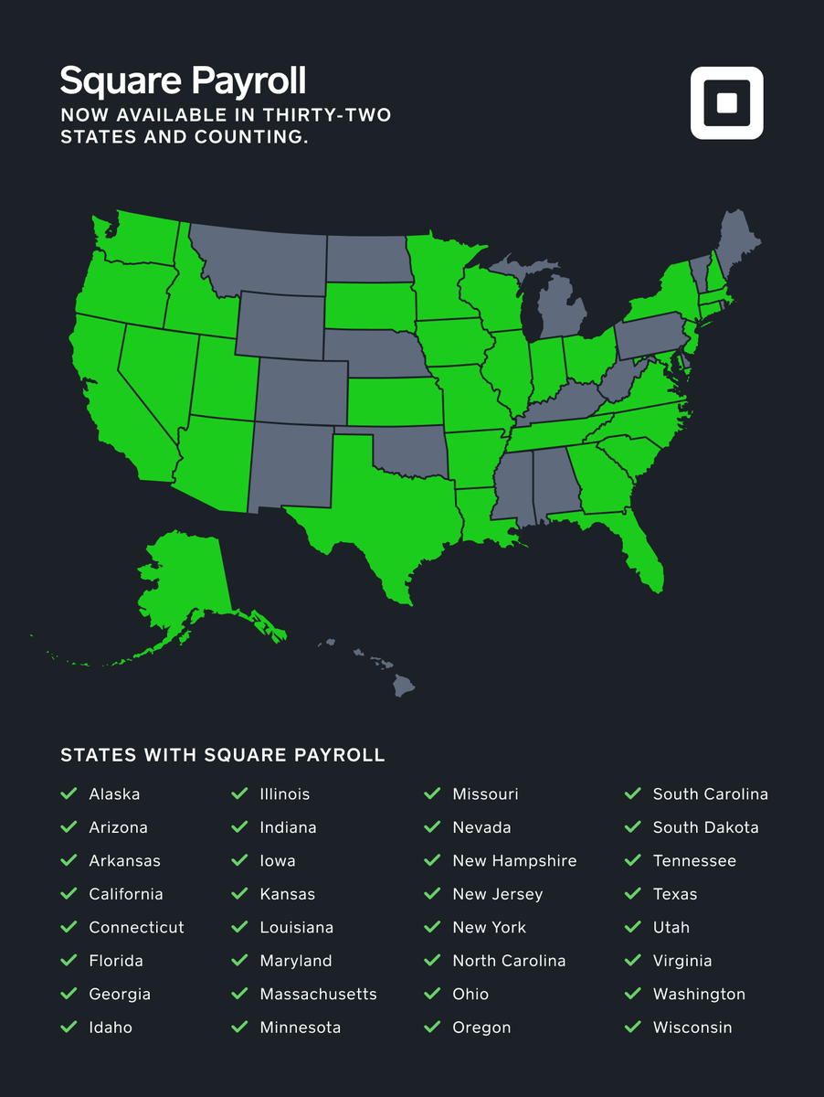 Square's tweet photo. Square Payroll launches in Iowa, Massachusetts, Ohio, and Oregon. It’s now available to 82% of U.S. businesses. https://t.co/lxo6XhjYUV https://t.co/2c1ZsBYSKy