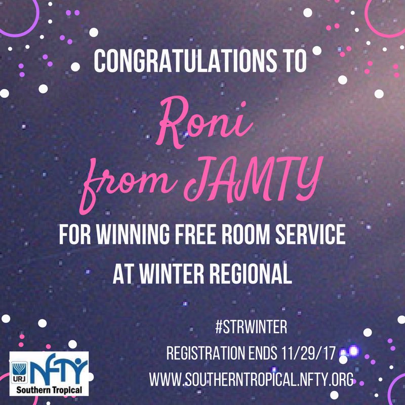 nfty_str's tweet photo. Congratulations Roni from JAMTY for winning free room service for a night at Winter Regional! https://t.co/GCMSnrUoep