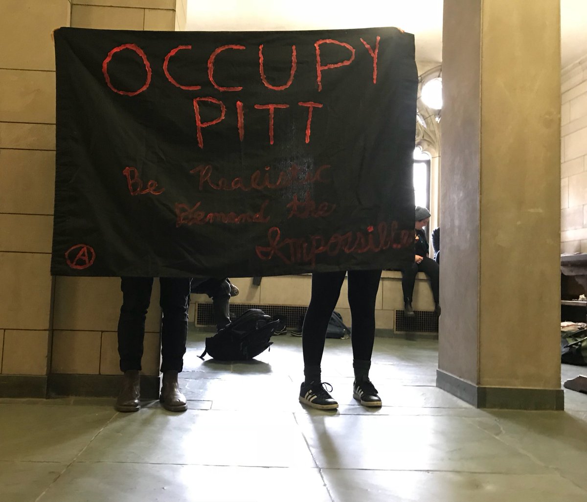 Autonomous student network holds a sit-in on the second floor of the Cathedral in protest of Pitt Police. They say they will not leave until their demands for police disarmament are met.