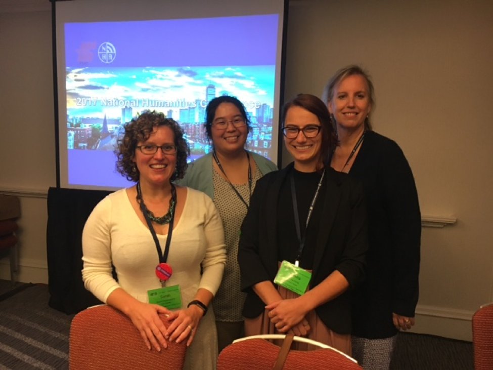 UCSCTHI's tweet photo. @ucsc literature phd students @karahisatake & Sarah Papazoglakis & alumna Kendra Dority hosted a panel on #publichumanities w @Cal_Humanities's @HulesFry for this year's National Humanities Conference in Boston #NHC17 https://t.co/Y68tufdpTz https://t.co/1R4n4NMv6r