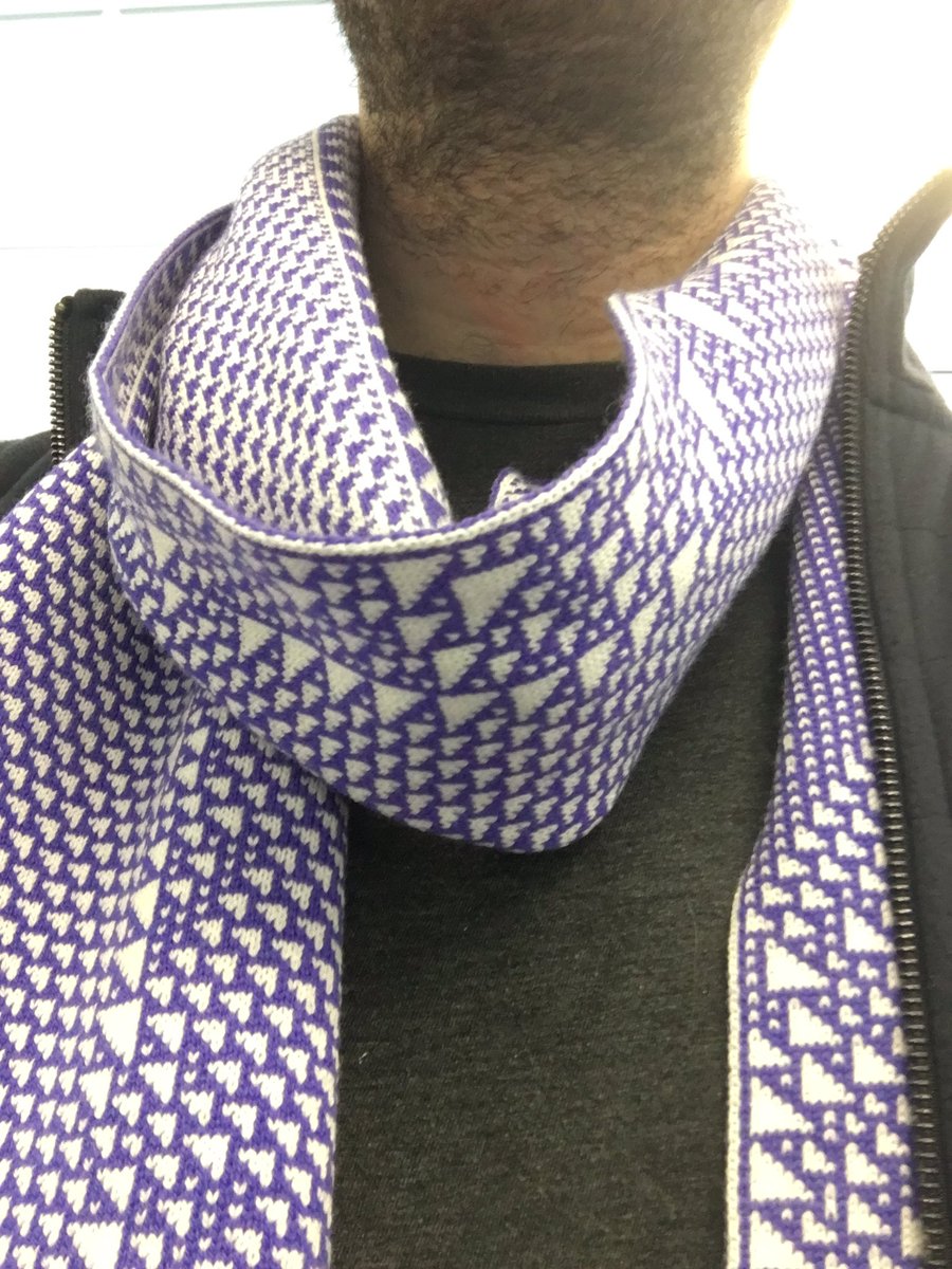 chasews's tweet photo. already got three compliments on my @KnitYak scarf today and had the opportunity to share the awesome story of @fbz's project and the magic of 1DCA. #rule110 ftw. PS #neckbeardsunite https://t.co/mbZAbplefy